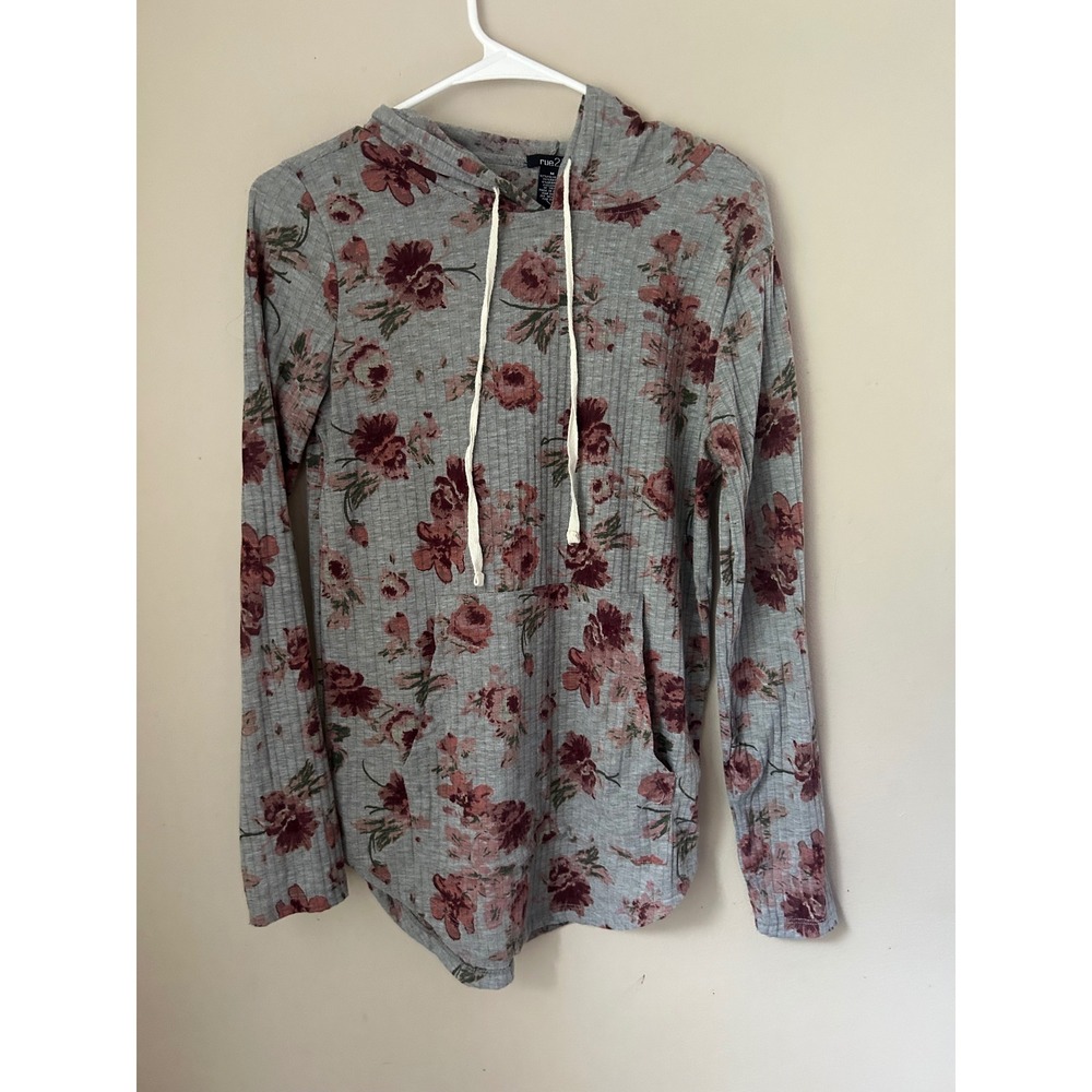 Y2K Rue21 Floral Hoodie‎ Women's M Gray Burgundy Long Sleeve Ribbed Top